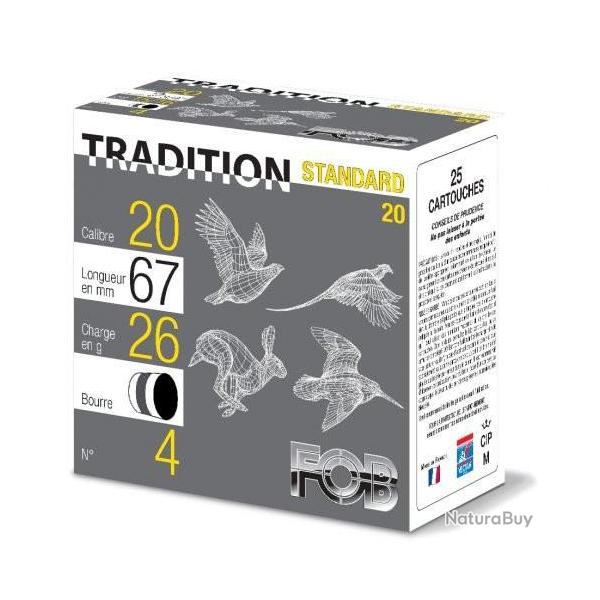 Cartouches de chasse FOB Tradition Standard 26 bourre grasse calibre 20/67 Jaune