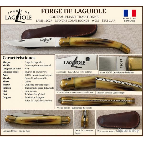 Forge de Laguiole - 9 cm - corne blonde - 12C27 - �tui cuir
