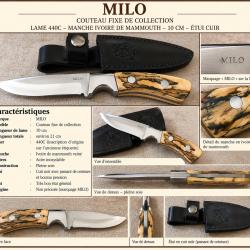 Couteau fixe MILO - 440C - ivoire de mammouth - &eacute;tui cuir - collection