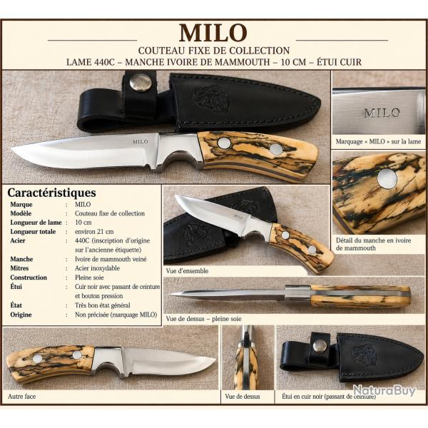Couteau fixe MILO - 440C - ivoire de mammouth - �tui cuir - collection