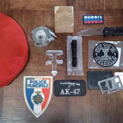 Lot chasse militaria tactique cadeau beret couteau police thor patch