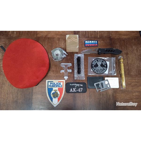 Lot chasse militaria tactique cadeau beret couteau police thor patch