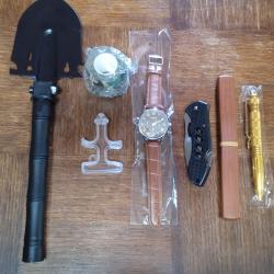 lot tactique pelle militaria camping bivouac couteau id&eacute;e cadeau montre d&eacute;fense