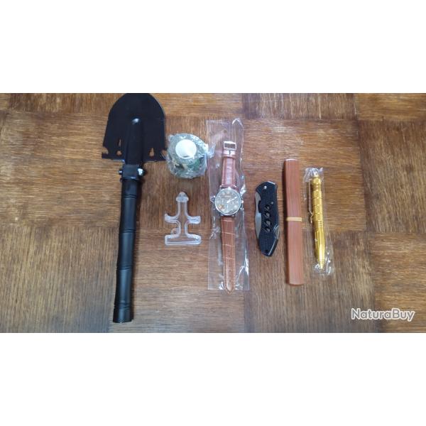 lot tactique pelle militaria camping bivouac couteau id�e cadeau montre d�fense