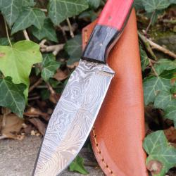 Couteau Skinner Lame Acier Damas 256 Couches Manche 2 Bois Etui Cuir Fabric Artisanale