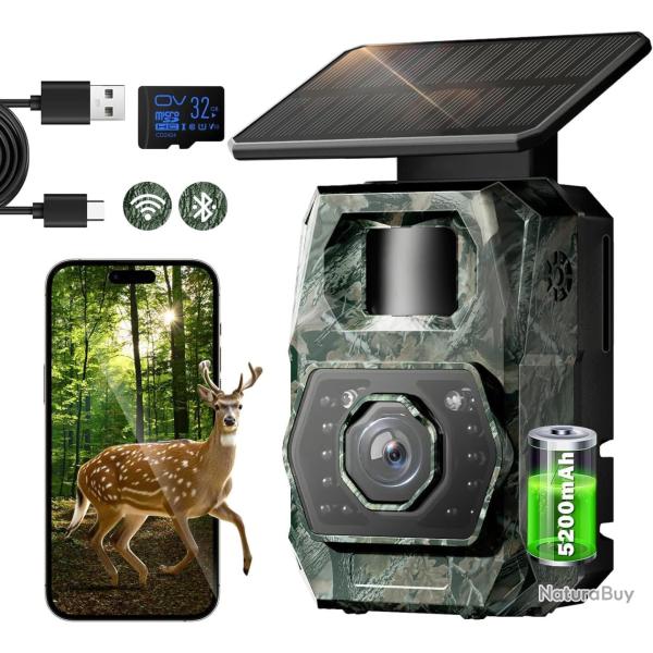Cam�ra de Chasse Solaire SD 32G Batterie 5200mAh 4K HD 48MP Etanche IP66 Vision Nocturne Infrarouge