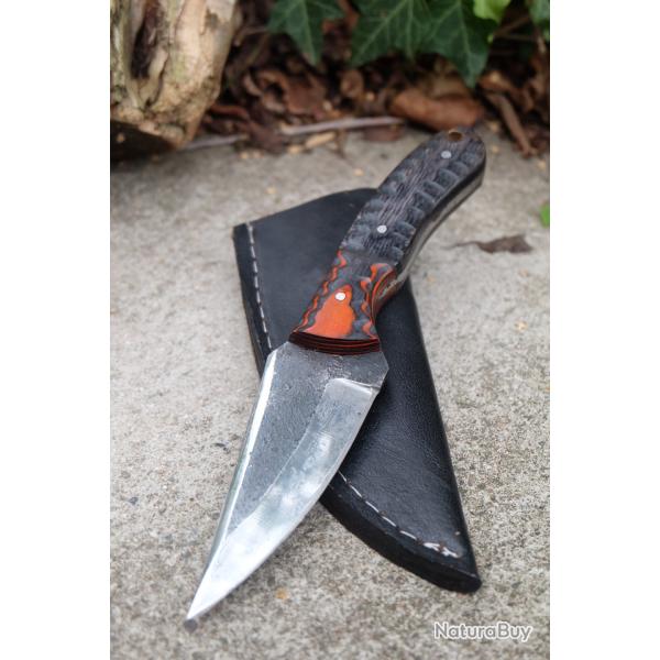 Couteau Tanto Tactical Urban Lame Acier Carbone 1075 Manche 2 Bois Etui Cuir Fabrication Artisanale