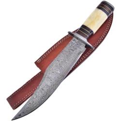 Couteau Frost Cutlery Bowie Lame Acier Damas Manche Os et Noyer Blanc et Marron &Eacute;tui Cuir FVFD20WWSB