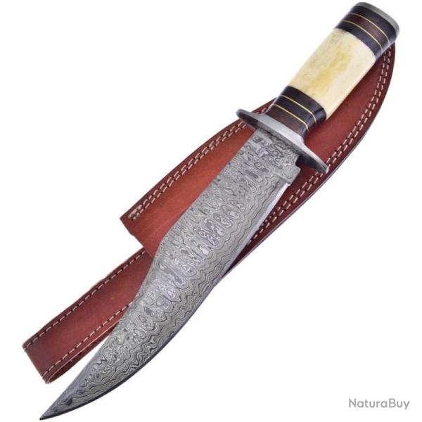 Couteau Frost Cutlery Bowie Lame Acier Damas Manche Os et Noyer Blanc et Marron �tui Cuir FVFD20WWSB