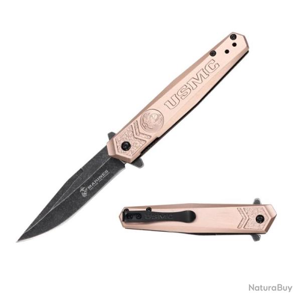 Couteau USMC Lame Acier 3Cr13MoV Manche Aluminium Tan Liner Lock USMA3009TN