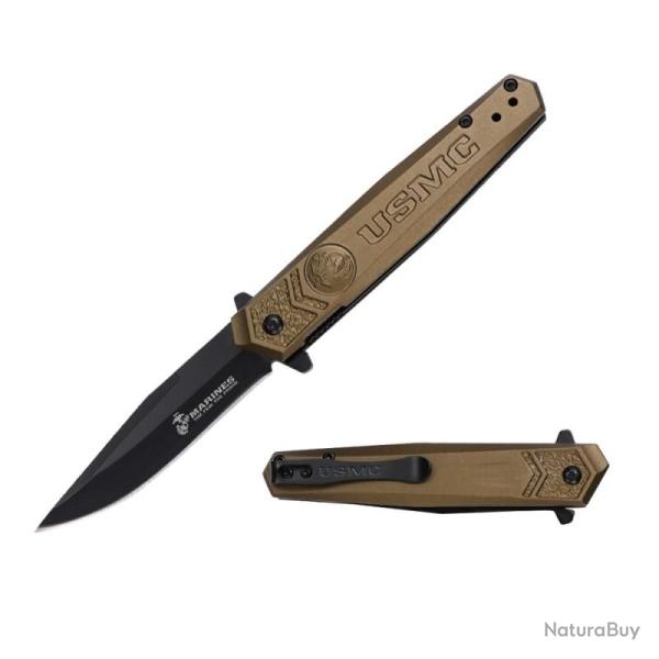 Couteau USMC Lame Acier 3Cr13MoV Manche Aluminium Vert Liner Lock USMA3009GN