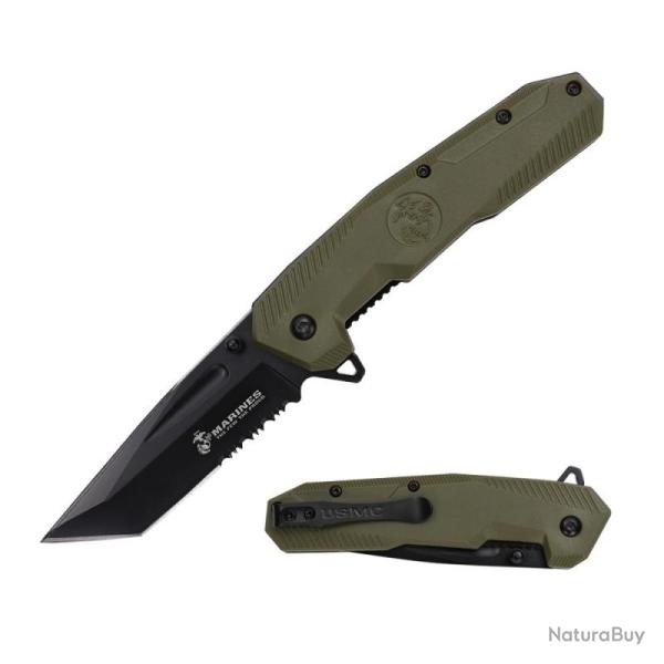 Couteau USMC Lame Acier Inox Manche Nylon Vert Liner Lock USMA3007GN