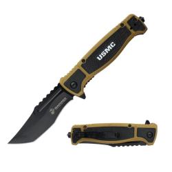 Couteau USMC Lame Acier 3Cr13 Manche Nylon Noir et Tan Liner Lock USMA3005TN