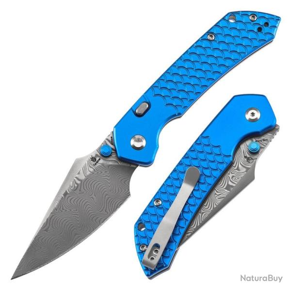Couteau Pliant Tenable Fenrir Lame Acier Damas Manche Aluminium Bleu Fonc� texture �cailles B1034H9