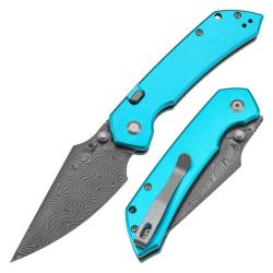 Couteau Pliant Tenable Fenrir Lame Acier Damas Manche Aluminium Bleu Top Liner Lock B1034H8