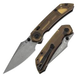 Couteau Pliant Tenable Fenrir Lame Acier Damas Manche PEI Ambre Top Liner Lock B1034H6