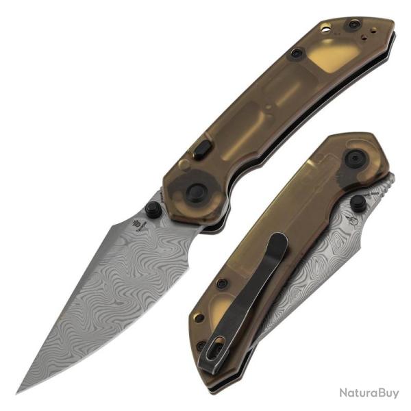 Couteau Pliant Tenable Fenrir Lame Acier Damas Manche PEI Ambre Top Liner Lock B1034H6