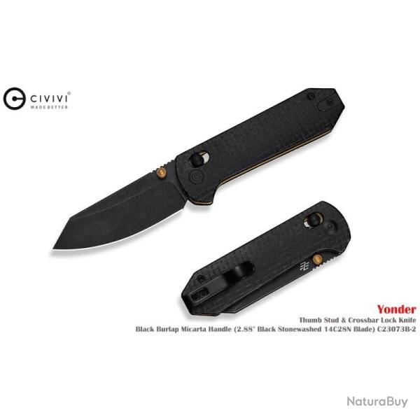 Couteau Pliant Civivi Yonder Lame Noire Acier 14C28N Manche Micarta Noir Crossbar Lock CIVC23073B2