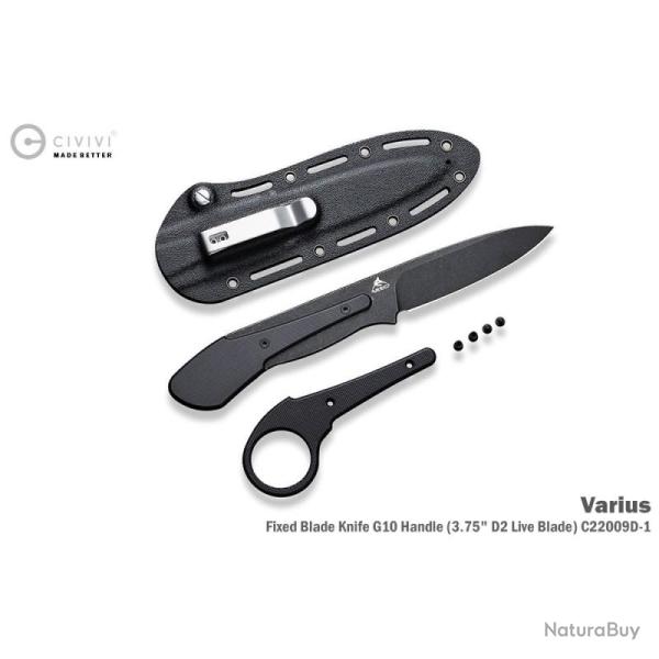 Couteau Fixe Civivi Varius Lame Noire Acier D2 Manche G10 Noir Housse Kydex CIVC22009D1