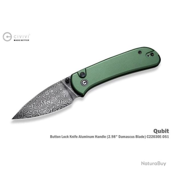 Couteau Pliant Civivi Qubit Lame Acier Damas Manche Aluminium Vert Button Lock CIVC22030EDS1