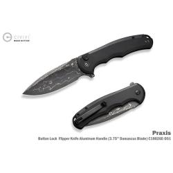 Couteau Pliant Civivi Praxis Lame Acier Damas Manche Aluminium Noir Button Lock C18026EDS1
