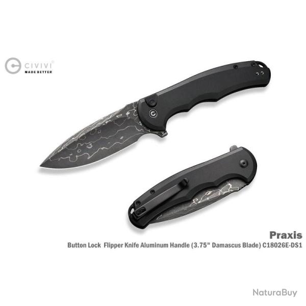 Couteau Pliant Civivi Praxis Lame Acier Damas Manche Aluminium Noir Button Lock C18026EDS1