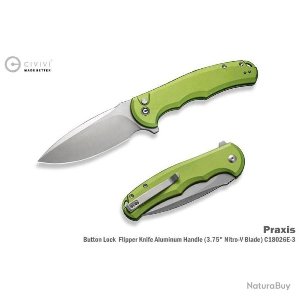 Couteau Pliant Civivi Praxis Lame Acier Nitro-V Manche Aluminium Vert Citron Button Lock CIVC18026E3