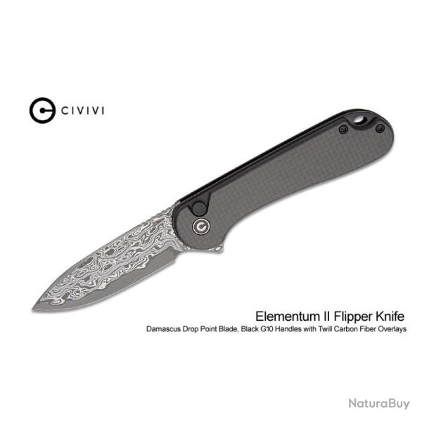Couteau Civivi Elementum II Lame Acier Damas Manche Carbone Fibr� Twill Button Lock C18062PBDS1