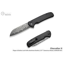 Couteau Pliant Civivi Chevalier II Lame Acier Damas Manche Aluminium Noir Button Lock C20022BDS1