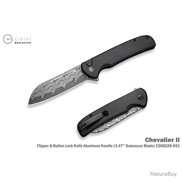 Couteau Pliant Civivi Chevalier II Lame Acier Damas Manche Aluminium Noir Button Lock C20022BDS1