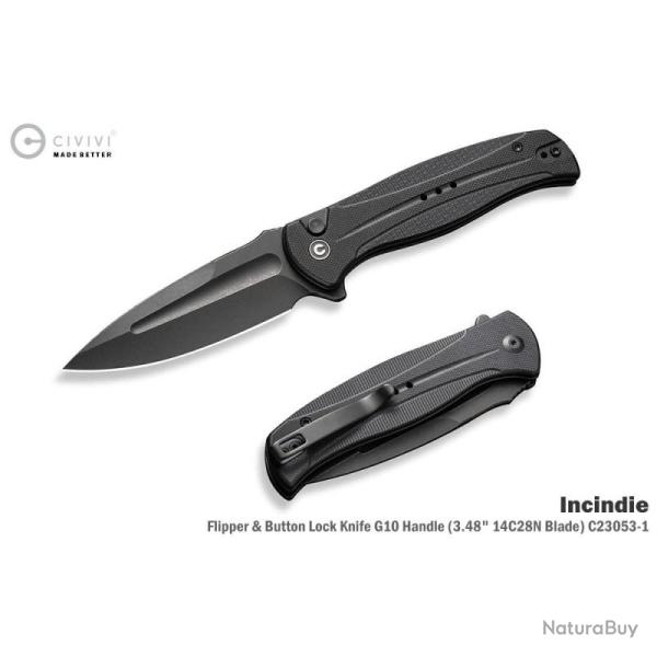 Couteau Pliant Civivi Incindie Lame Spear Point Acier 14C28N Manche G10 Noir Button Lock CIVC230531