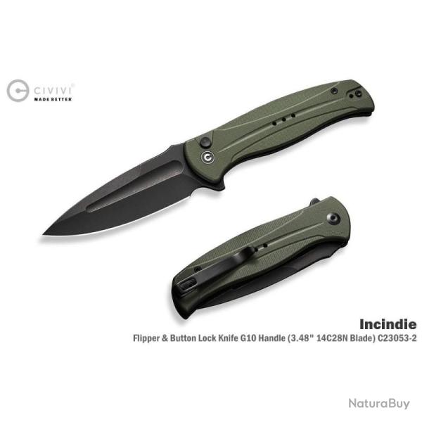 Couteau Pliant Civivi Incindie Lame Spear Point Acier 14C28N Manche G10 Vert Button Lock CIVC230532
