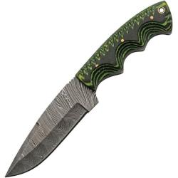 Couteau de Chasse Damas Lame Acier Manche Micarta Noir et Vert Rainur&eacute; Etui Cuir DM1309