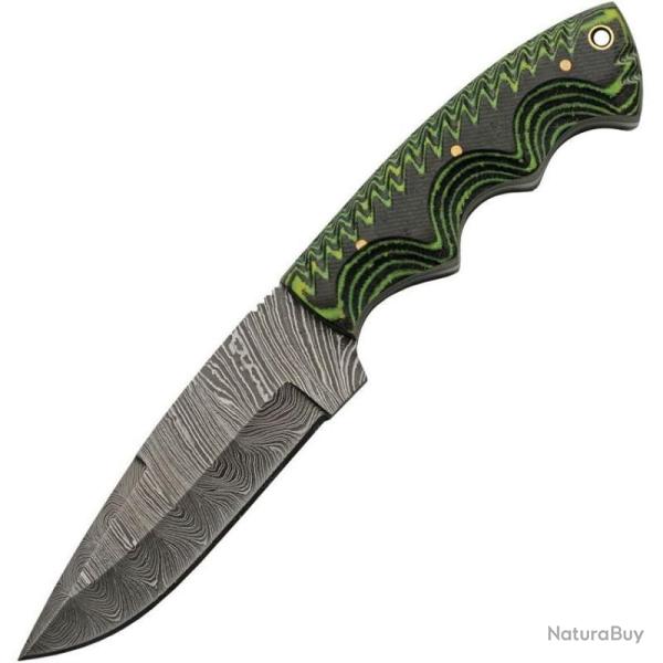 Couteau de Chasse Damas Lame Acier Manche Micarta Noir et Vert Rainur� Etui Cuir DM1309