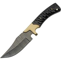 Couteau de D&eacute;pouille Damas Lame Acier Manche Micarta Noir Garde Laiton Etui Cuir DM1308