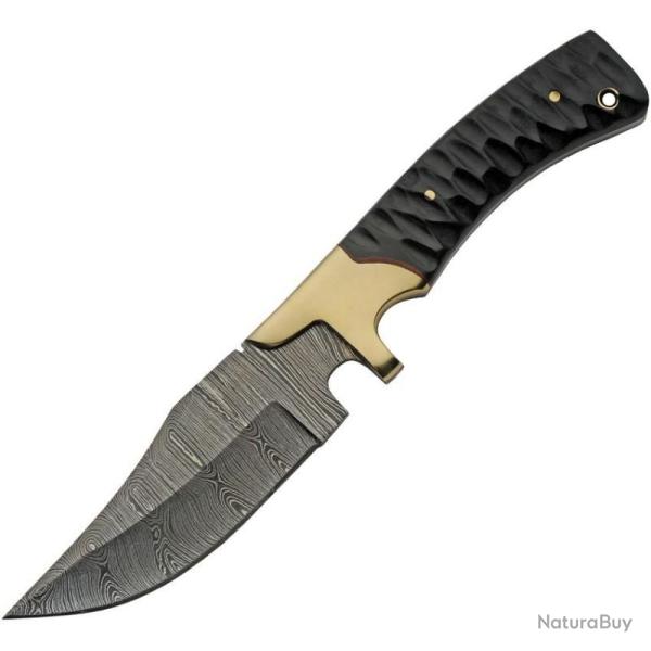Couteau de D�pouille Damas Lame Acier Manche Micarta Noir Garde Laiton Etui Cuir DM1308