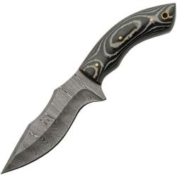 Couteau de Chasse Damas Lame Acier Manche Micarta Noir et Blanc Lisse Etui Cuir DM1307