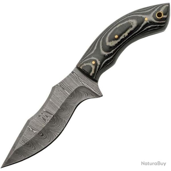 Couteau de Chasse Damas Lame Acier Manche Micarta Noir et Blanc Lisse Etui Cuir DM1307