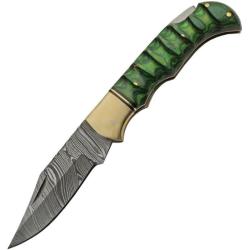 Couteau Pliant Damas Lame Acier Clip Point Manche Pakkawood Vert Lockback Etui CUir DM1303GN
