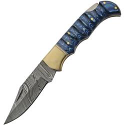 Couteau Pliant Damas Lame Acier Clip Point Manche Pakkawood Bleu Lockback Etui Cuir DM1303BL
