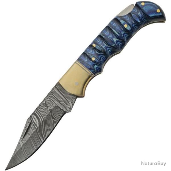 Couteau Pliant Damas Lame Acier Clip Point Manche Pakkawood Bleu Lockback Etui Cuir DM1303BL