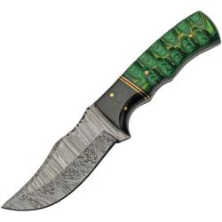 Couteau de Chasse Damas Lame Acier Manche Pakkawood Vert Etui Cuir DM1302GN