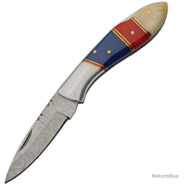 Couteau Pliant Damas Lame Acier Manche ABS et Os Rouge Bleu Lockback DM1301