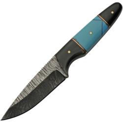 Couteau de Chasse Damas Lame Acier Manche Corne de Buffle et Turquoise Etui Cuir DM1293TR