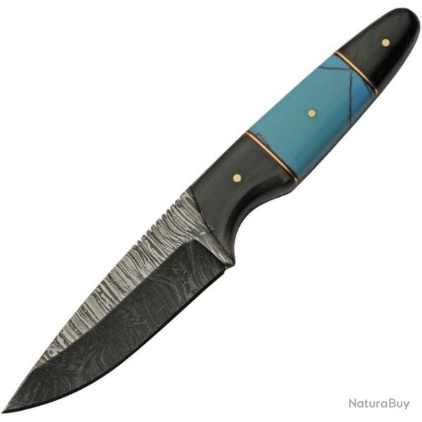 Couteau de Chasse Damas Lame Acier Manche Corne de Buffle et Turquoise Etui Cuir DM1293TR