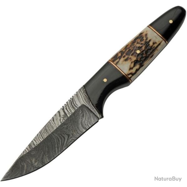 Couteau de Chasse Damas Lame Acier Manche Corne de Buffle et Bois de Cerf Etui Cuir DM1293SG
