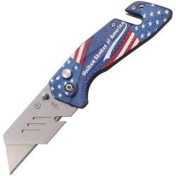 Lot de 3 Couteau S-TEC Utility Flag Lame Inox Manche Aluminium Bleu Button Lock STT202504