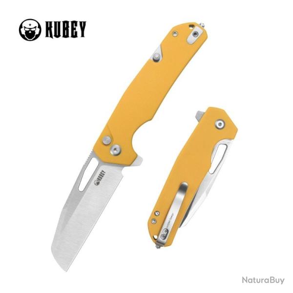 Couteau Kubey 10-8 Lame Acier 14C28N Manche G10 Jaune Coupe-Ceinture Button Lock KUB363C