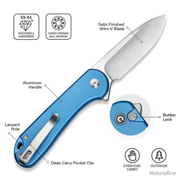 Couteau Civivi Elementum II Lame Acier Nitro-V Manche Aluminium Bleu Button Lock C18062PD2