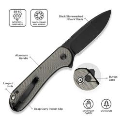 Couteau Civivi Elementum II Lame Acier Nitro-V Noire Manche Aluminium Gris Button Lock C18062PD1